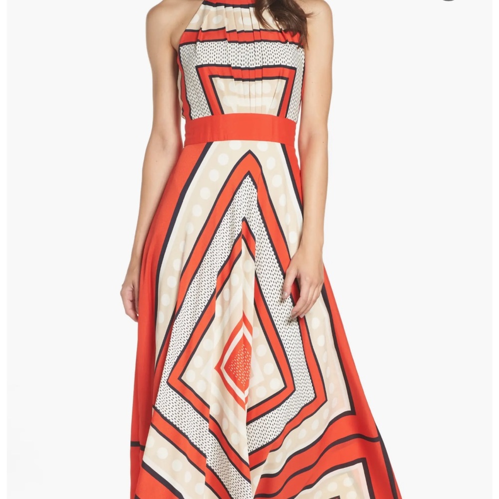 Eliza J Scarf Print Crêpe de Chine Fit & Flare Maxi Dress, Size 10P